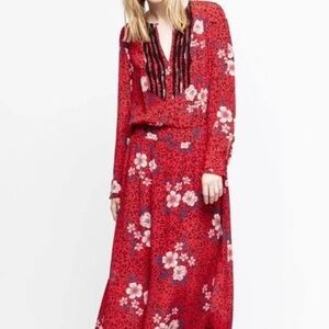 Zadig & Voltaire Maxi Remus Red and Black Detail Silk Floral Dress